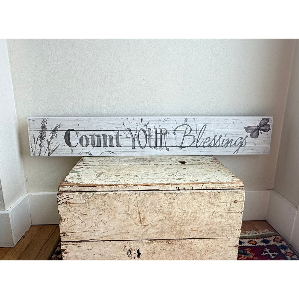 Vintage Count Your Blessings MDF Wall Sign 37x6 Rustic Farmhouse Decor CSG